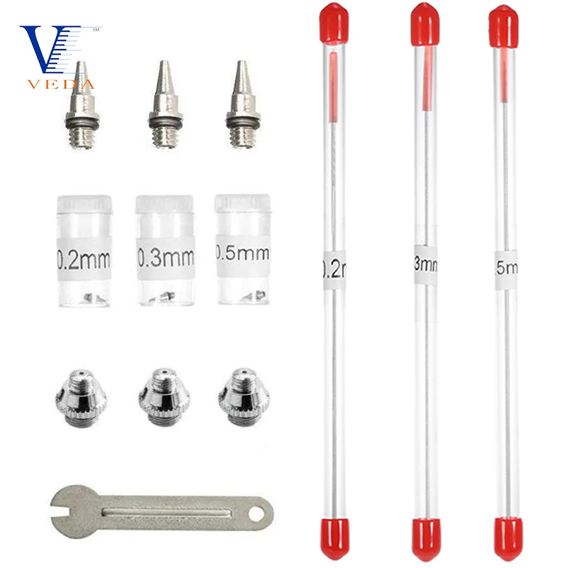 VEDA 0.2mm/0.3mm/0.5mm Airbrush Nozzle Needle&Nozzle Cap &Wrench Replacement Parts for WD-180 Series Airbrush Spray Accessories