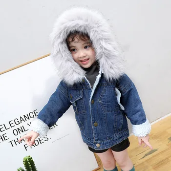 

2020 Winter New Girls' Cotton-padded Jacket Korean Children Thickened Denim Big Fur Collar Velvet Cotton Jacket Cartoon Print
