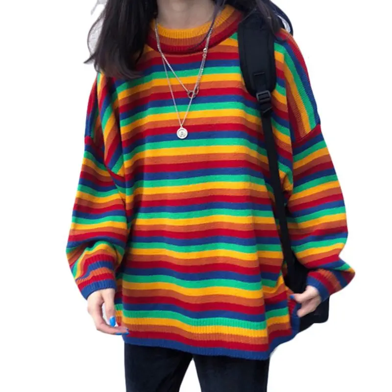 

Women Teens Autumn Long Sleeve Knit Sweater Korean Harajuku Rainbow Stripes Patchwork Loose Jumper Hip Hop Pullover Tunic Tops