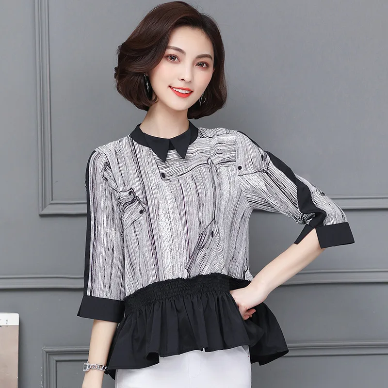  Peter Pan Collar Chiffon Blouse 2018 Swallow Tail Sweater Mid-length Korean-style Loose-Fit Shirt S
