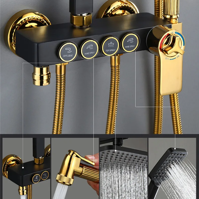 US $116.71 Black Gold Shower Mixer Set Quality ABS Hand Shower Head Thermostatic Shower Faucet Square Lifting Bar Intelligent Shower System