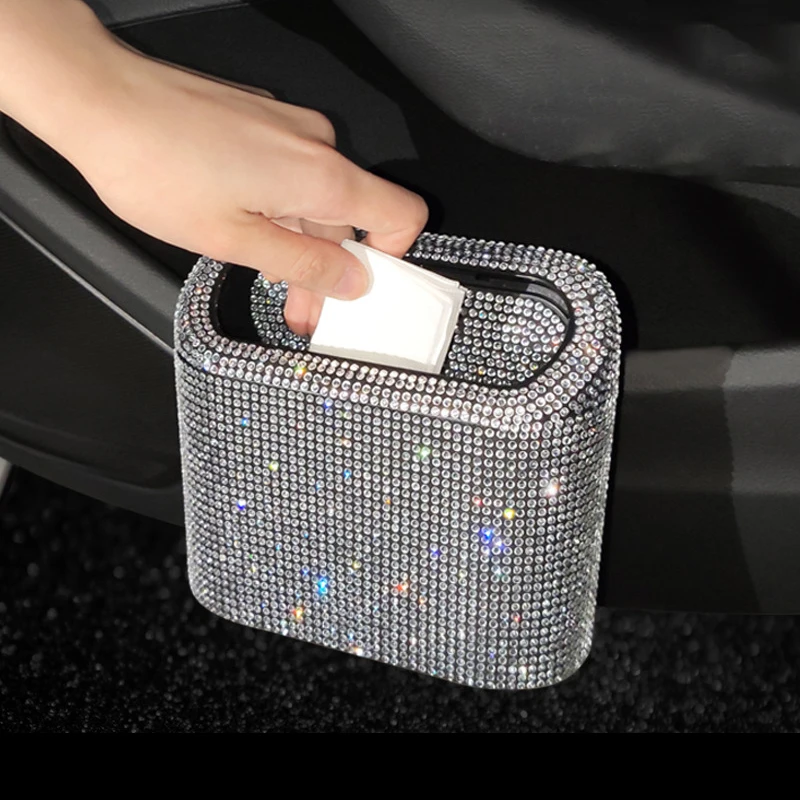 Glitter Trash Can For Car Storage Box Garbage Grabber Bling Rhinestone Door Trash Bin Auto Supplies Car Interior Accessories