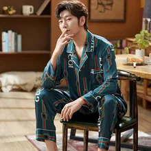 Luxury brand Mens Silk Satin Pyjamas Set Long Sleeve Sleepwear Pajama Autumn Spring Homewear Plus Size L-5XL