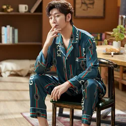Luxury brand Mens Silk Satin Pyjamas Set Long Sleeve Sleepwear Pajama Autumn Spring Homewear Plus Size L-5XL