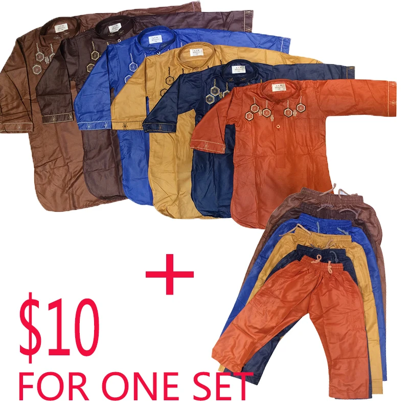 

2021Muslim Jubba Thobe For Children Sudi Arabia Dubai Abaya Baby Boy Satin Qatar Pakistan Shirts and Trousers One Set in Ramadan