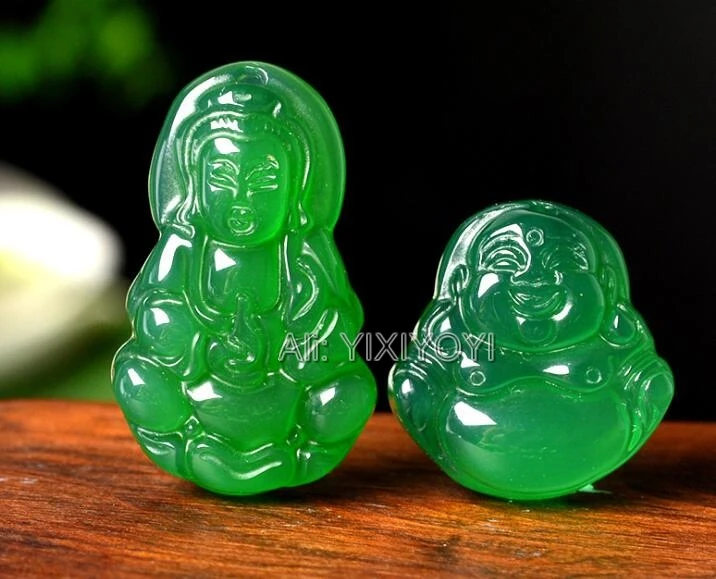 

Beautiful Handwork Natural Green Agate Jade Carved GuanYin Buddha Pairs Blessing Lucky Pendant + Rope Necklace Fine Jewelry