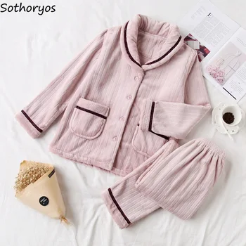 

Pajama Sets Women Thicker Turn-down Collar Pockets Leisure Warm Flannel Pajamas Womens Long Sleeve Simple Trendy Winter Set Chic