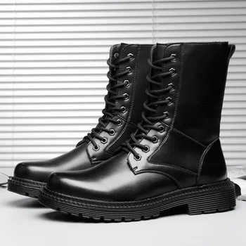 Botas de media caña de lujo para hombre, zapatos de cuero de vaca negro, plataforma de vaquero, bota larga, exteriores, militares, novedad