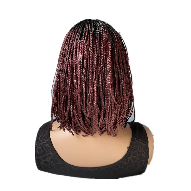 Hywamply 12" Synthetic Small Box Braided Hair Wigs With Bangs Black Bug Ombre Shade Short Bob Hairstyle Machine Wig