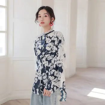 

Korea Personality Patchwork Agaric Lace Blouse Women Clothes 2020 Fashion New Spring Stand Collar Full Sleeve Shirt Top DMY2972