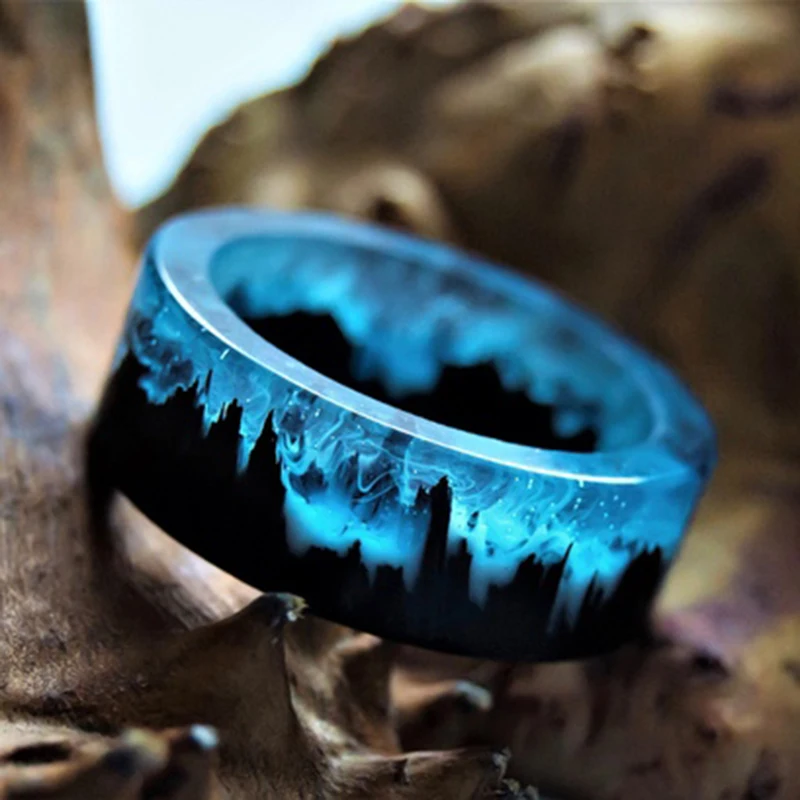 Blue Resin Ring Mountains Wooden Inside Magical World In A Tiny Landscape Ring for Women