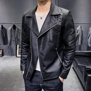 

2020 new men's zipper turn-down collar leather clothing slim-fitting solid multiple pockets male motorcycle PU leather jacket