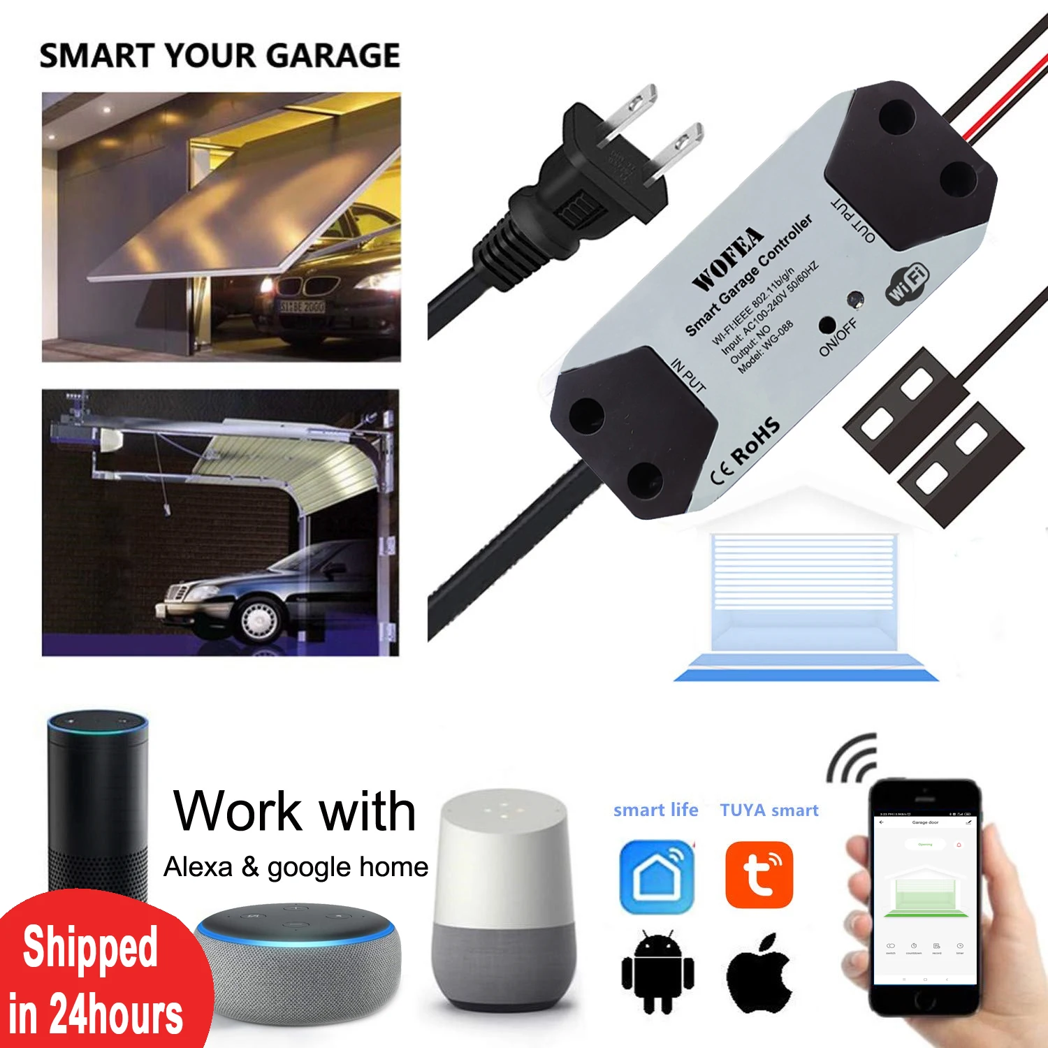 Wofea WiFi 스위치 Smart Garage Door Opener 컨트롤러는 Alexa echo와 함께 작동합니다. Google ..