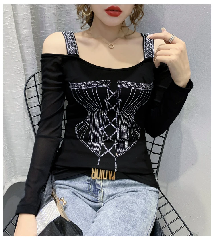 2020 Autumn new woman tshirts Fashion sexy off the shoulder women t-shirt long sleeve Hot drilling plus size women clothing