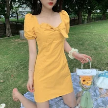

2021new fashion SummerYellow Blue Color Black Dress Fashion Women's High Waist Square Collar Party Dress Sexy Dress Dress Women