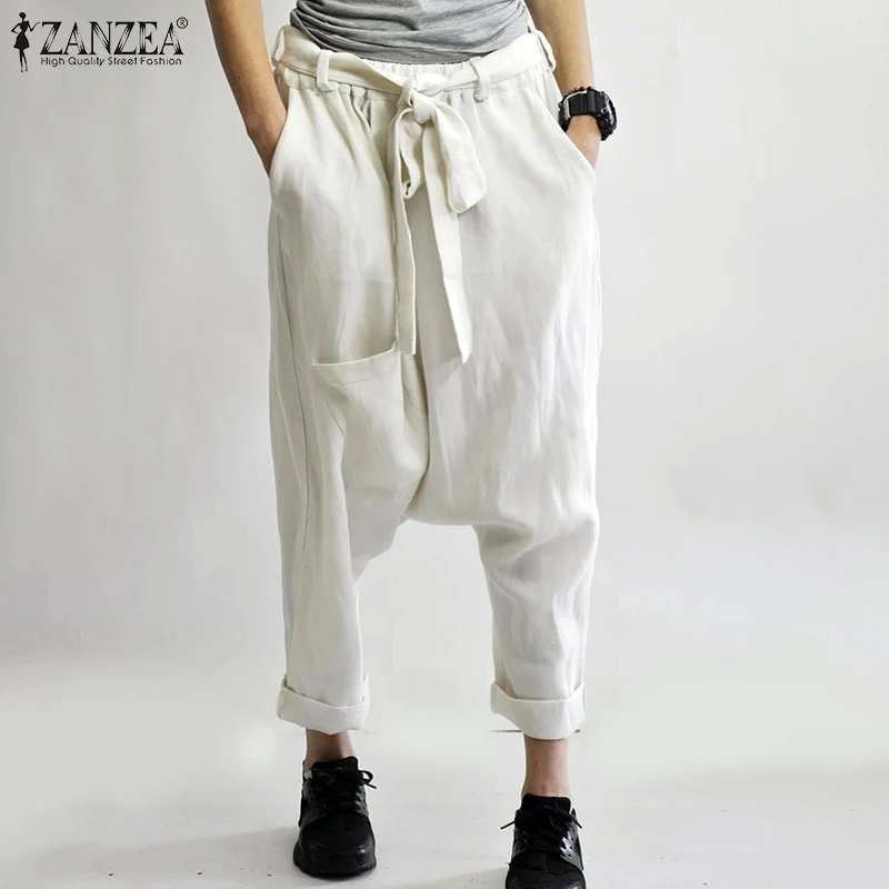 

2019 ZANZEA Women Elastic Waist Cotton Linen Drop-crotch Pants Casual Solid Long Trousers Female Elegant Belted Tunip Pantalones