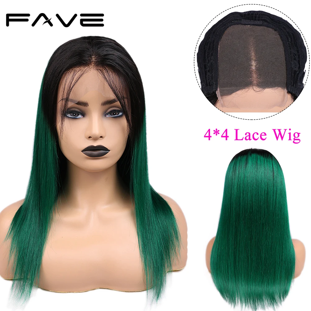 

4*4 Lace Closure Ombre Wigs Healthy End Brazilian Remy Straight Human Hair Wigs Natural Hairline 1B/Green For Women FAVE Hair