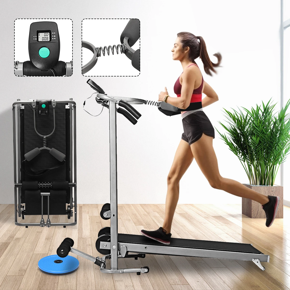 - Folding Treadmill Adjustable Multifunctional Running Machine Situp Cardio Home Gym Fitness Equipment Digital LCD Twisting Plate