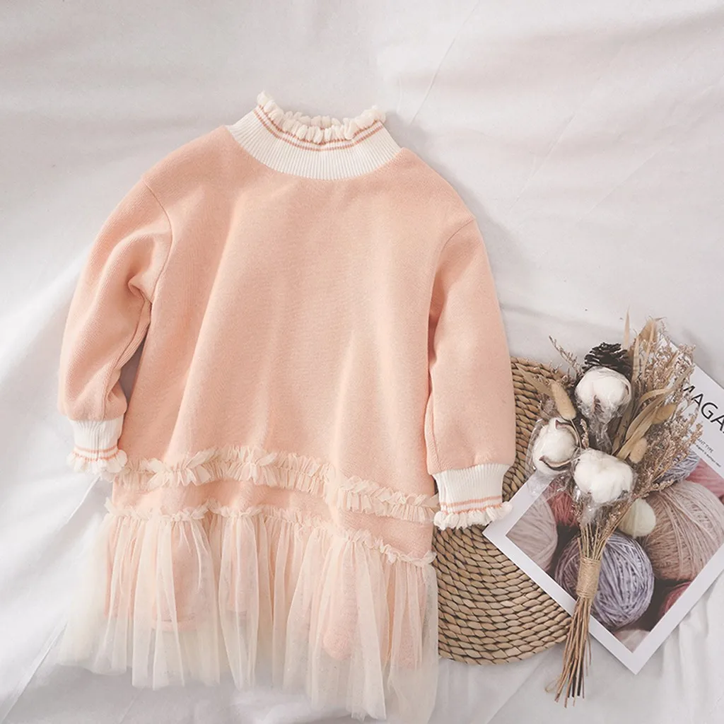 Детское платье для девочек; повседневные платья с длинными рукавами детские вязаные платья принцессы из тюля с рюшами для девочек праздничная одежда; размеры 2-7t