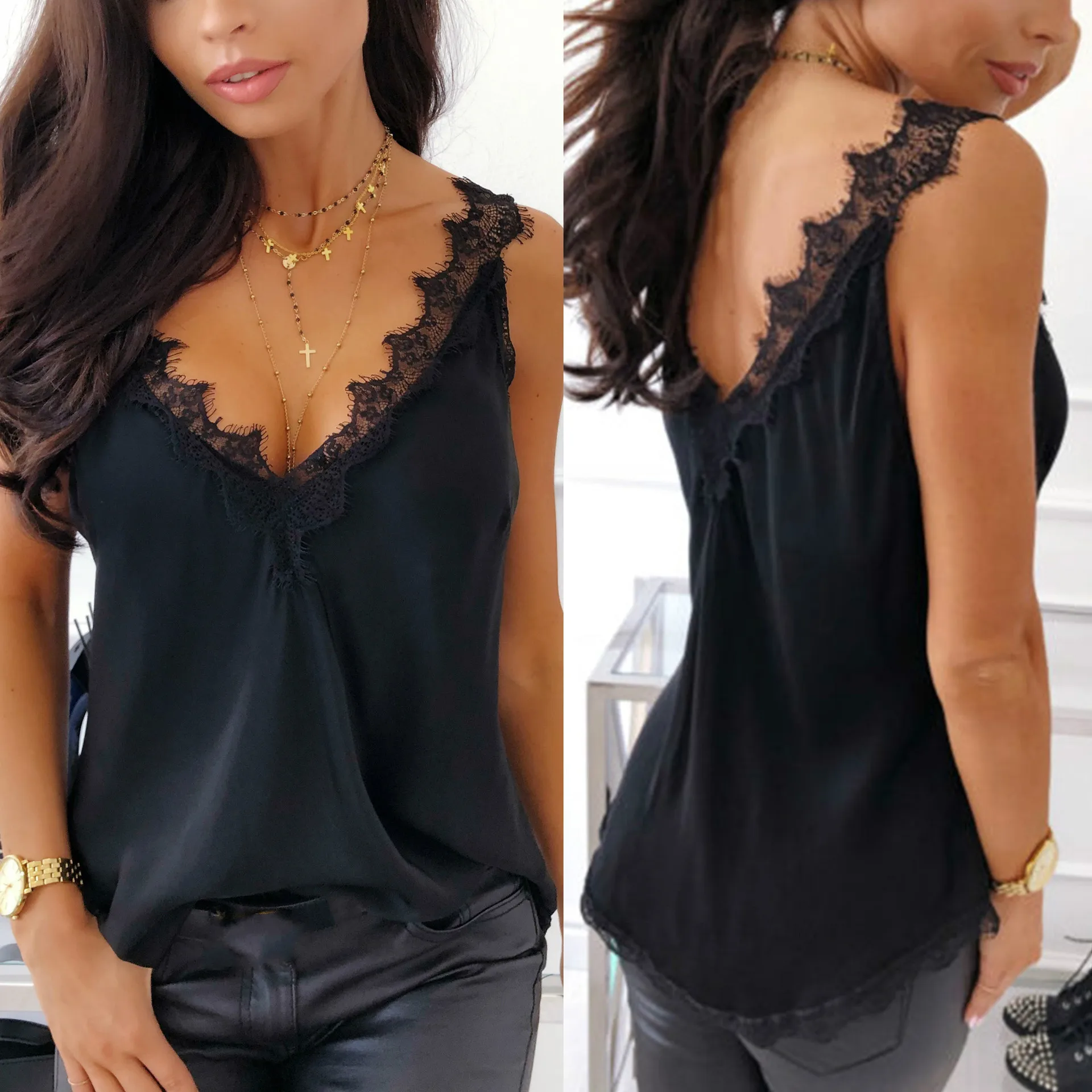 2019 Womens Tops and Blouses Sexy Deep V Necek Lace Off Shoulder Halter Sleeveless Backless Patchwork Women Blouse - 32998283387
