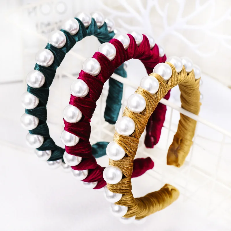 

Solid Color Velvet Fabric Winding Big Pearl Headband Korean Hair Accessories Creative New Headband Hair Band Hair Accessories