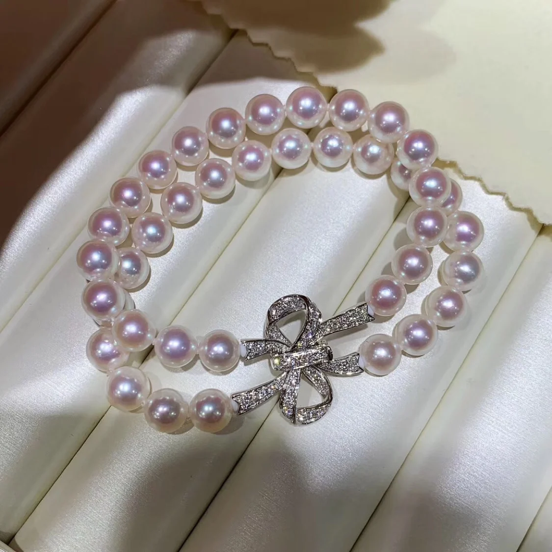 

free shipping 2row Jewelry natural 8-9mm pearl bracelet 7.5-8inch micro inlay zircon crystal Butterfly clasp
