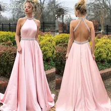 BacklakeGirls сексуальное, с ремешком вокруг шеи вечернее платье без спинки женские без рукавов с кристаллами, атласное платье abend kleid Выпускное Платье длинное