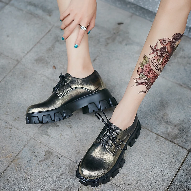 Women's genuine leather thick sole platform flats lace-up oxfords leisure punk female soft comfortable brogues student shoes hot