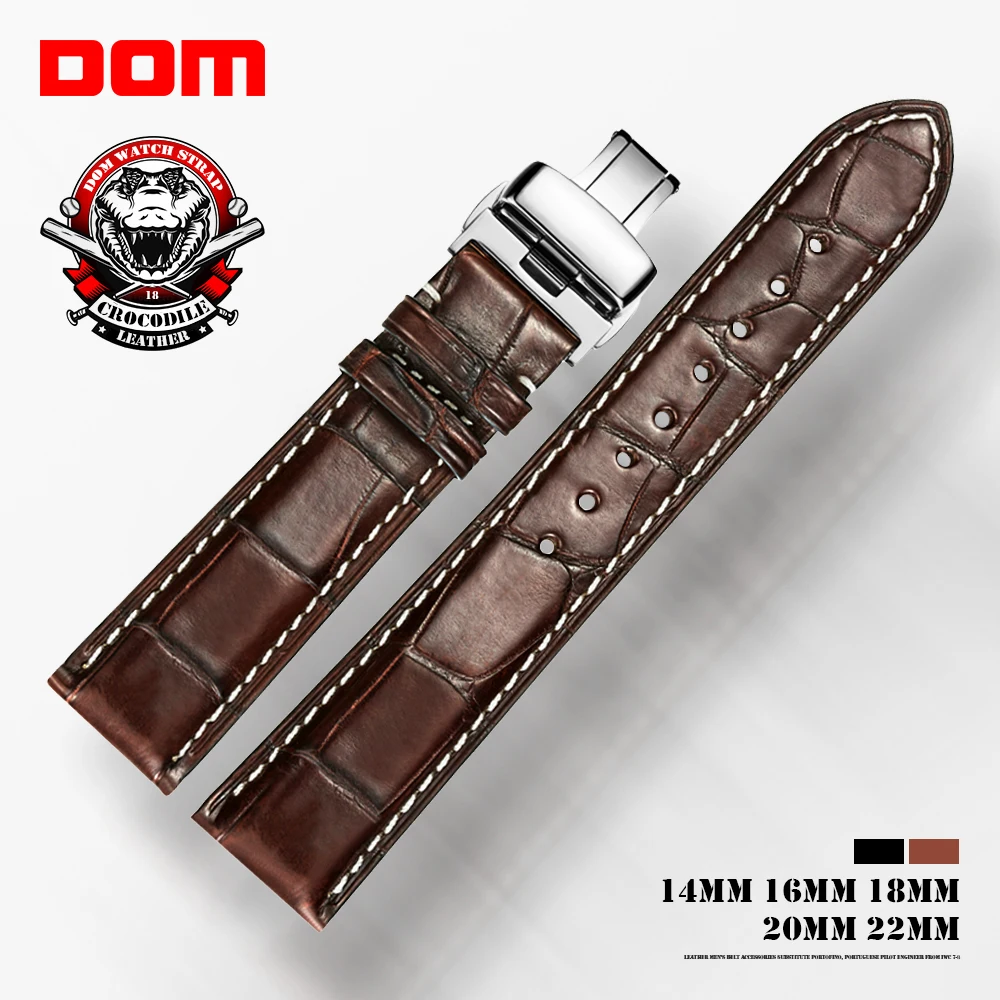 

DOM Crocodile Grain Leather Replacement Watch Bands with Deployment Buckle for Men and Women 18mm 20mm 22m Watch Accessories