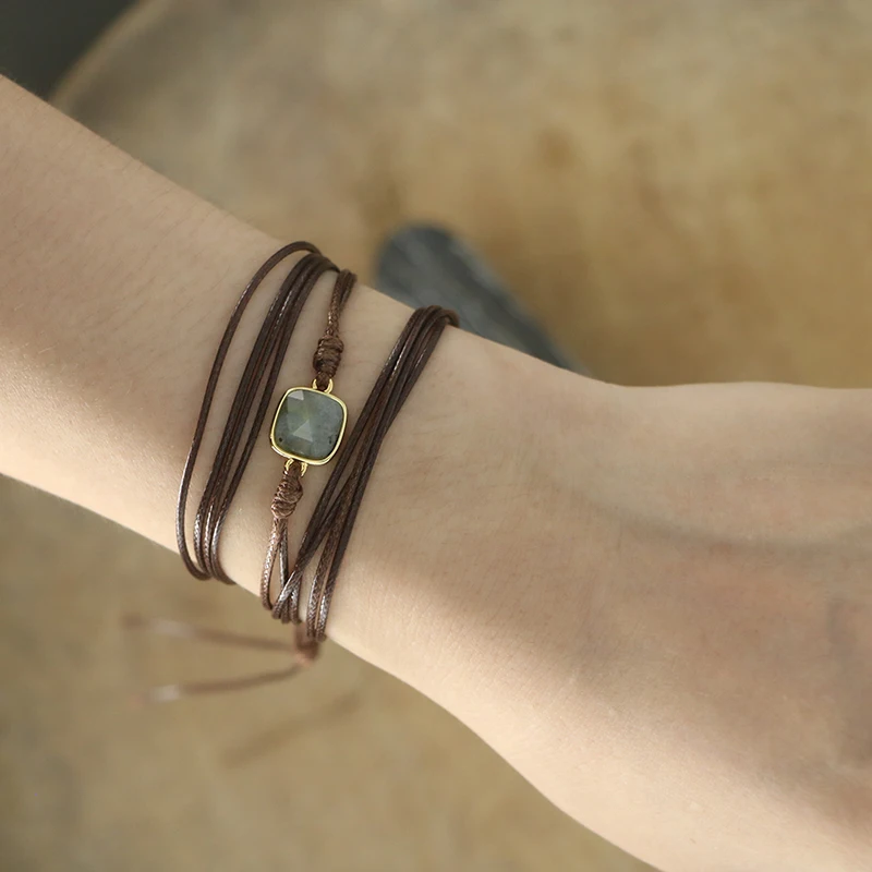 EDOTHALIA цвета натуральный камень солнечный камень небольшой талисман браслеты для женщин девочек длинные веревки дружбы обёрточная бумага браслеты Bijoux подарок - Окраска металла: Brown Labradorite