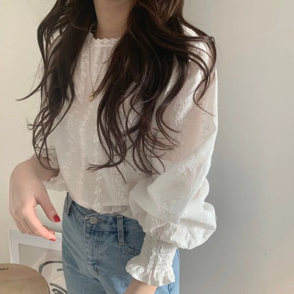 Blusa informal de malla con manga larga para verano, camisa Sexy con estampado Floral y encaje para mujer, cuello redondo, 2021