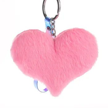 

20pcs/lot Wholesale Fluffy Fur Heart Keychains Women's Pom Poms Faux Rabbit Fur Key Chains Girl Bag Hang Car Key Ring