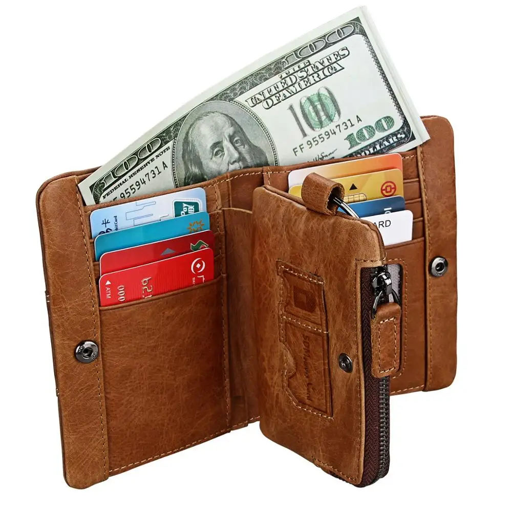 

Crazy Horse Skin Top Layer Full Upper Grain Cowhide Original Cow Cover Wallet Office Men Card Slots Key Ring Zipper Money Pack