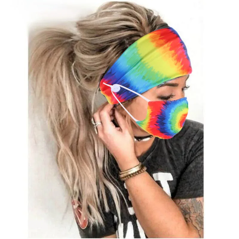 

2Pcs/set Sport Hairband button head band Fashion Tie-Dye Print Elastic hair band with mask For Women Men turban hair accessories