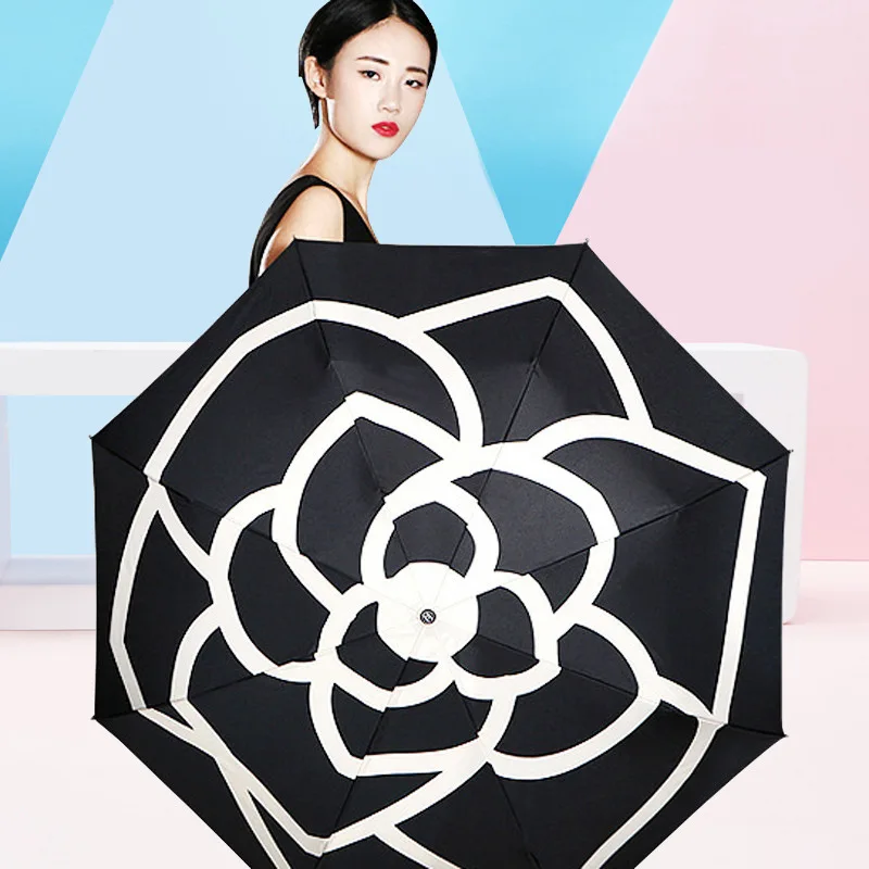

Creative Three Fold Ultralight Sun-resistant Double Layer Parasol Camellia Graceful Foldable Rain Or Shine Vinyl Umbrella Black