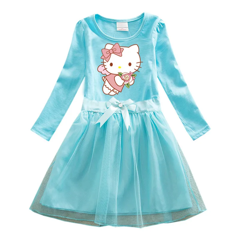Осеннее платье для девочек с принтом «hello kitty»; платья с длинными рукавами для девочек; платье принцессы с бантом для подростков; Детские платья для девочек для повседневной вечеринки и дня рождения - Цвет: Blue