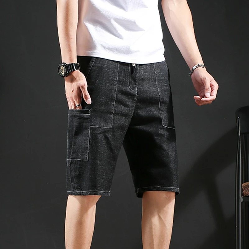Мужские однотонные шорты с карманами, мужские повседневные дышащие повседневные брюки, мужские Модные джинсы до колена на молнии AA60215