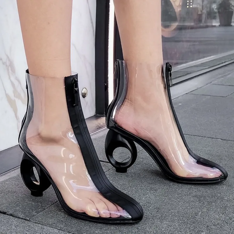 

US4-11 Womens Pointed Toe Clear TTransperant Crystal Ankle Boots Strange Irregular Circle High Heels Side Zip Shoes Plus Size