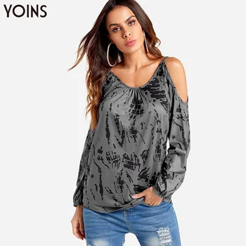 

YOINS Cold Shoulder Contrast Printed Curved Hem Blouse Casual Long Sleeve Shirt Women Tops 2020 Fashion Round Neck Womens Blusas