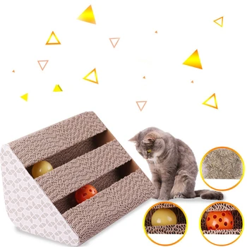 

Triangular Corrugated Paper Cat Scratching Board with Bell Ball Teaser Cats Toy Kitten Interactive Scratcher Grinding Claw Toy