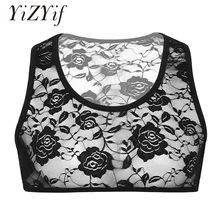 Мужское нижнее белье s Обрезанные Топы Сисси Прозрачная майка для мужчин глубокий u-образный вырез без рукавов эластичный Цветочный кружевной короткий жилет одежда для сна