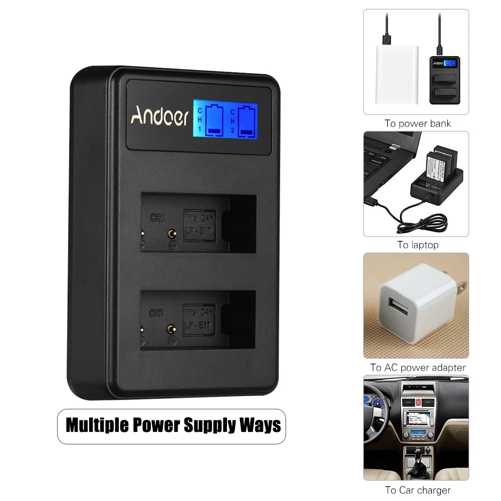 Andoer lcd 2-LPE17 двухканальный USB вход ЖК-дисплей Камера зарядное устройство для Canon LP-E17 EOS M3 5 6 77D 800D 750D 760D 200D