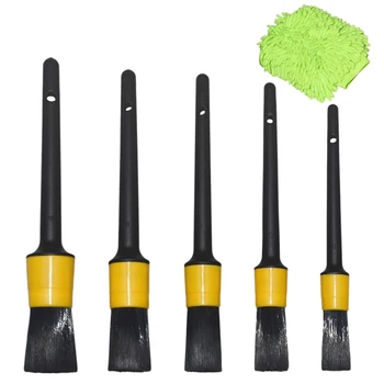 

Detailing Brush Wash Car Mitt (Set Of 6) - 5 Different Sizes Premium Boar Hair Plastic Handle Automotive Detail Brushes and One