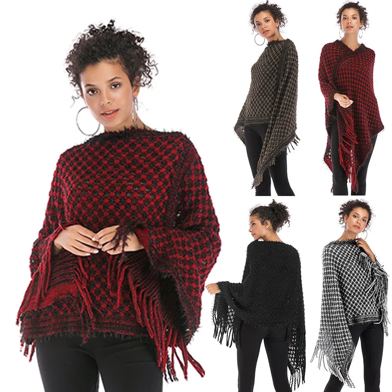 

Fall 2020 Women Knitted Off The Shoulder Tops Slash Batwing Sleeve Clothing Irregular Fringed Cloak Shawl Tassel Coat