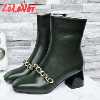 

ZALAVOR Pu Leather Plus Size 32-46 Ankle Boots Metal Chain Sexy Women Zipper Chunky Heel New Design Fashion Short Boots Footwear