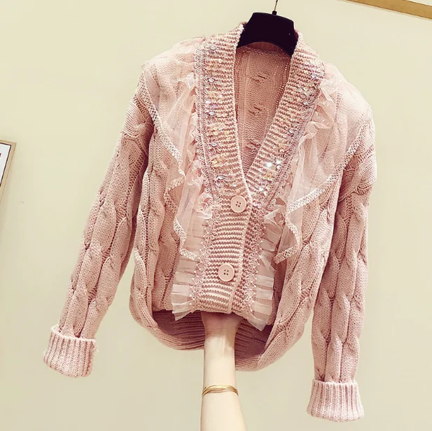 Korean Style Cardiagn Womens Loose Lace Sequins Sweater Female Spring Autumn New Single-row Buckle V-collar Knitted Cardigans |