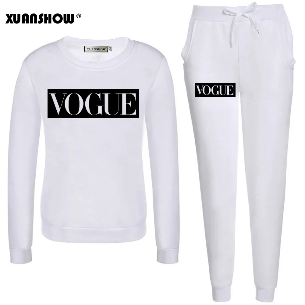 White and Black XUANSHOW/ г., осенне-зимний женский костюм модная Флисовая теплая одежда с буквенным принтом и 0 вырезом толстовка+ длинные штаны, комплект из 2 предметов - Цвет: White and Black
