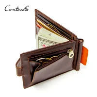 CONTACT'S Cow Leather Money Clip Men Card Wallet Thin Money Clamp for 10 Cards Male Bifold Credit Card Case with Zip Coin Pocket 1