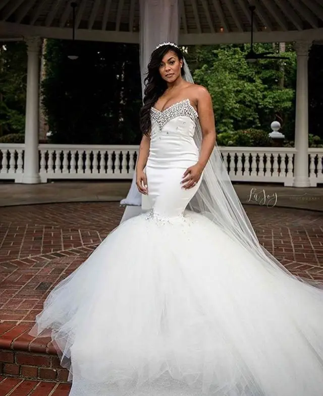 same as picture Новое Африканское свадебное платье русалки пляжное Плюс Размер Vestido de noiva Милая алмазные бусины Сатиновые тюлевые Свадебные платья на заказ - Цвет: same as picture