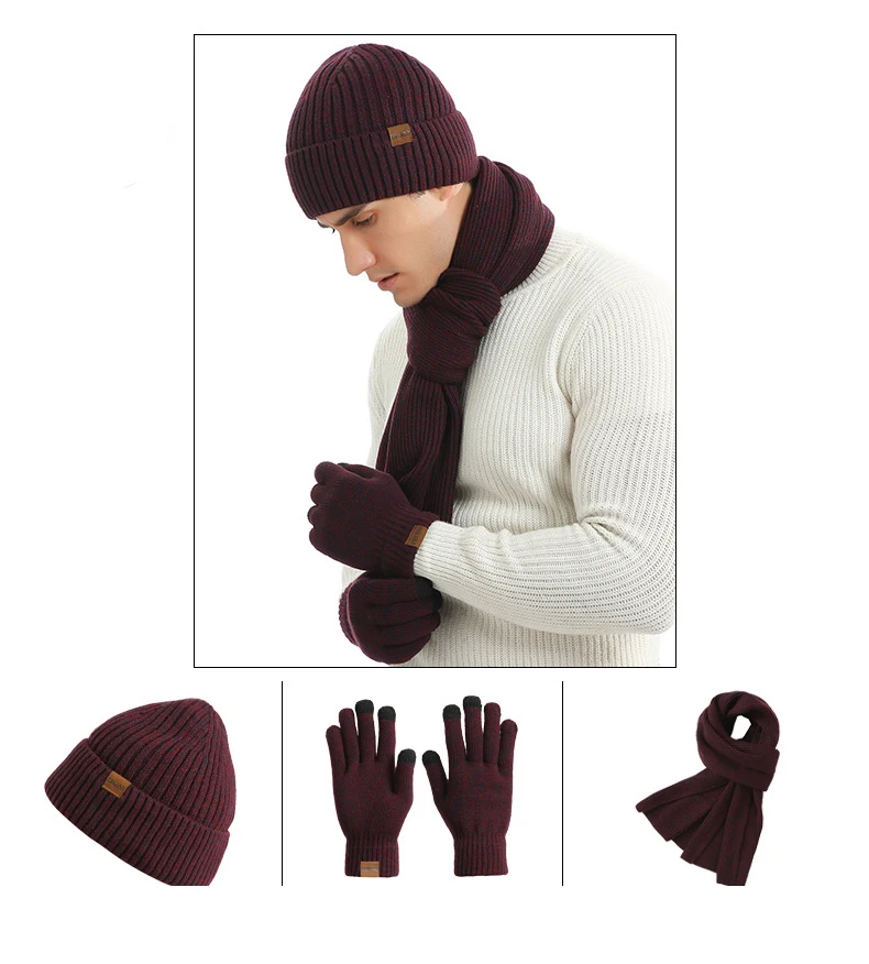 Зимняя вязаная Шапочка, шапка с черепом, перчатки с сенсорным экраном, длинный полосатый шарф, комплект из 3 предметов